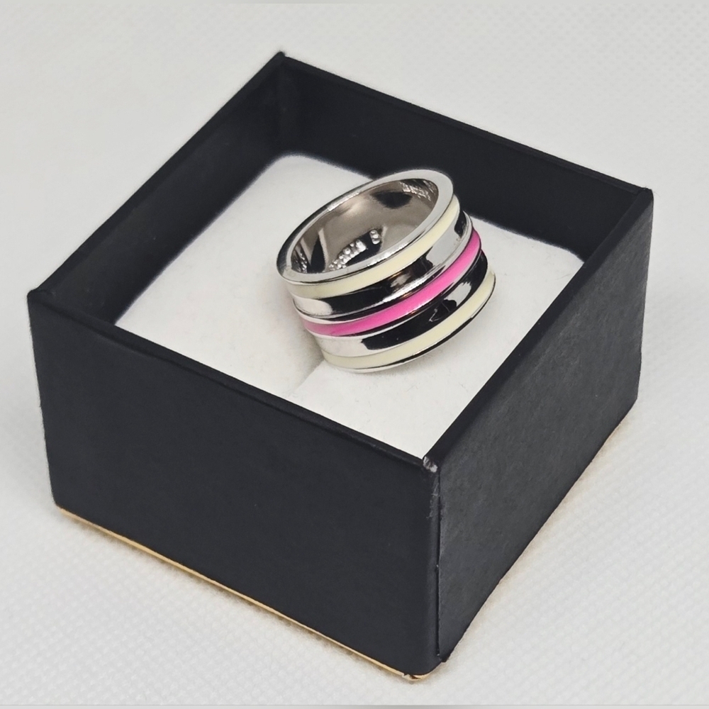 Lia Sophia Pink Enamel Wide Band Ring Size 8 Silver Tone Statement